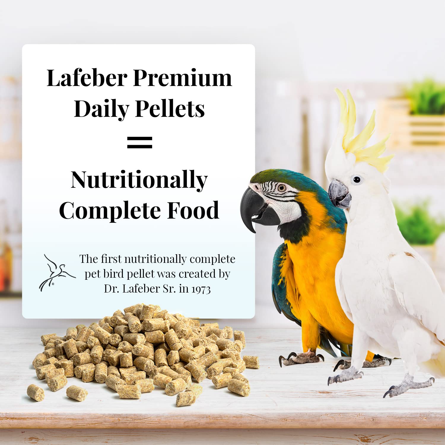 LAFEBER'S Premium Diet Pellets being fed to a macaw illustrates easy feeding routines.