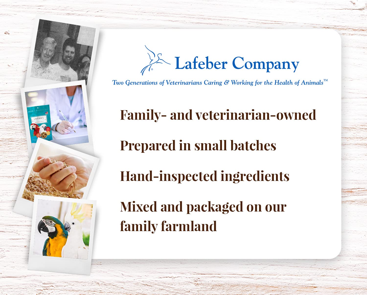 LAFEBER'S Premium Diet Pellets packaging reflects family-owned quality for your bird’s long-term wellbeing.