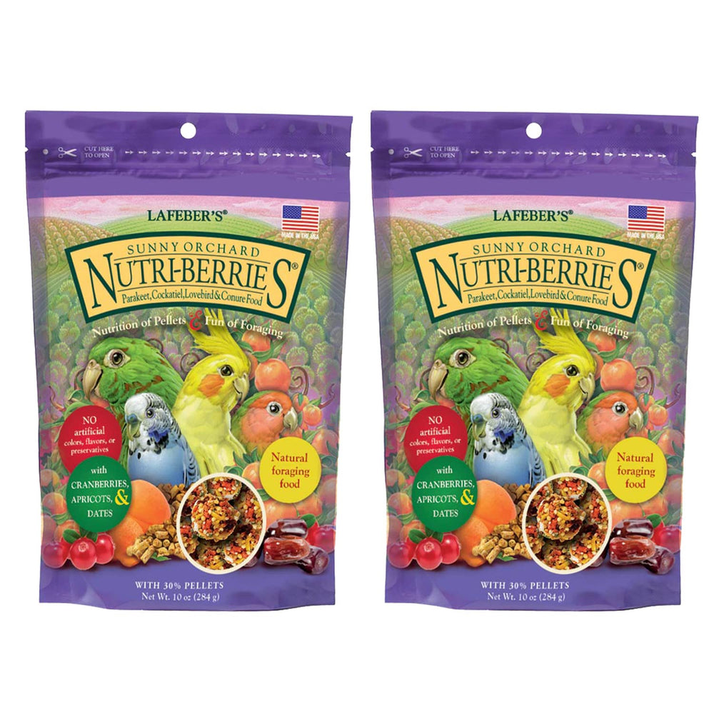 LAFEBER'S Sunny Orchard Nutri-Berries packaging showcases premium bird nutrition for enrichment.