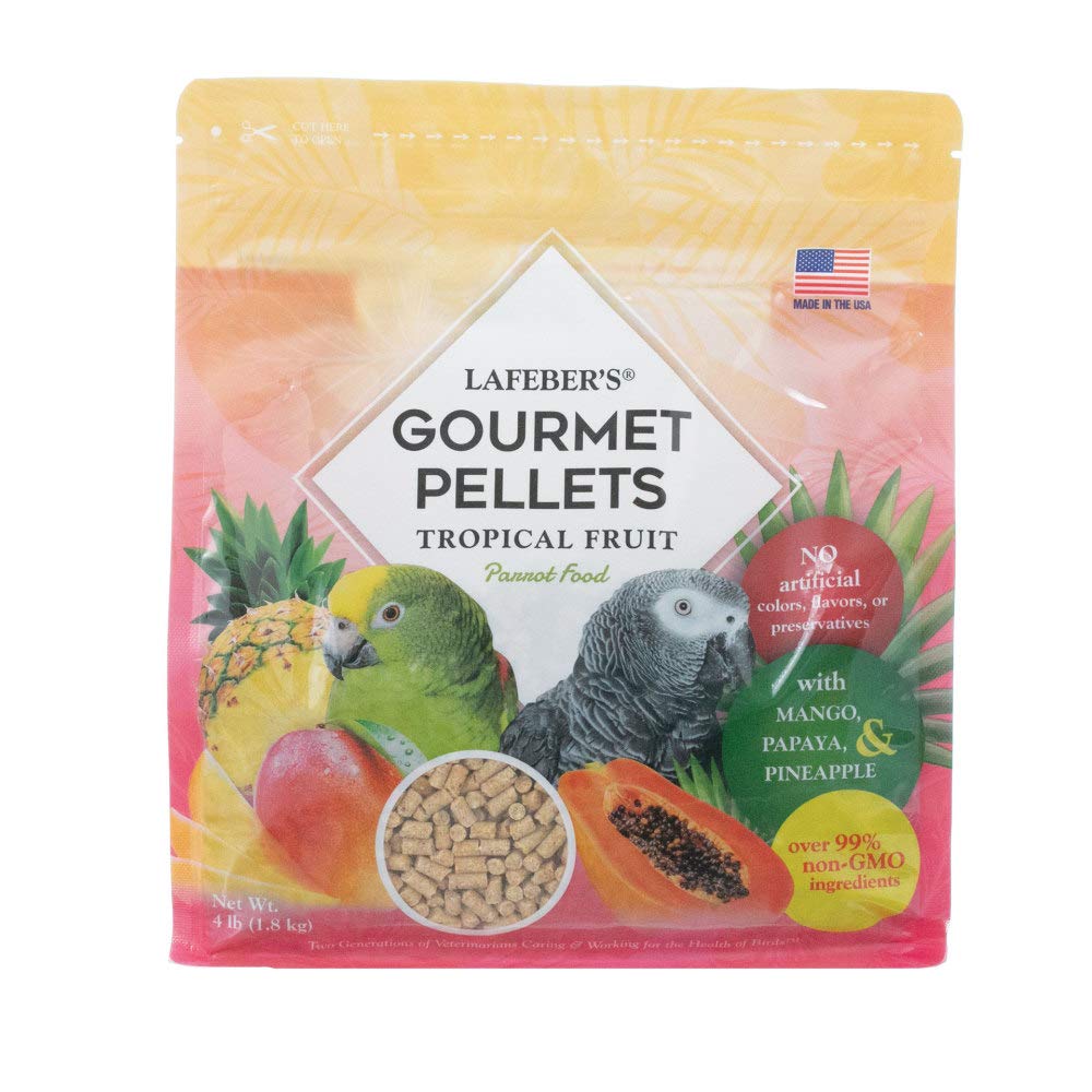 LAFEBER'S tropical fruit pellets in parrot bowl for nutritious daily energy and enrichment