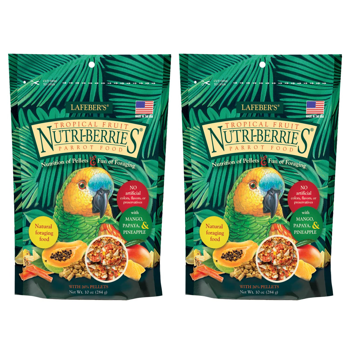 LAFEBER'S Tropical Fruit Nutri-Berries two-pack front view, convenient for parrots.