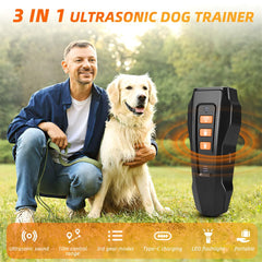 Lagriner dog bark deterrent in use shows ultrasonic correction up to 33 feet.