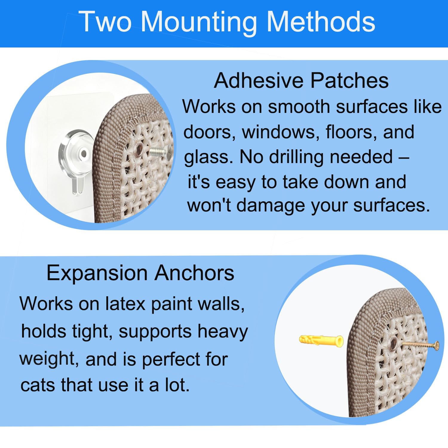 LAJEF Cat Nail File Scratcher installation options with adhesive pads.