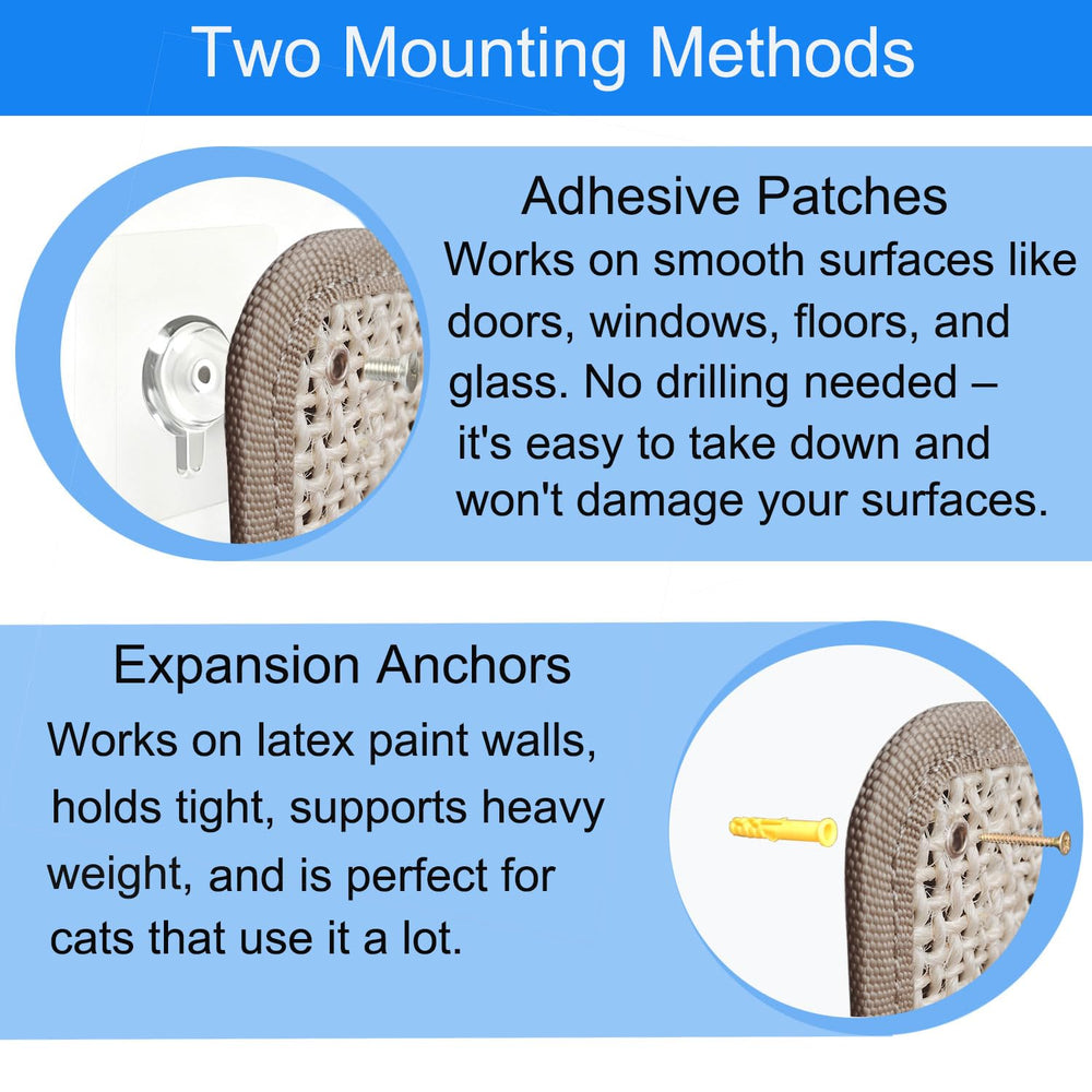 LAJEF Cat Nail File Scratcher installation options with adhesive pads.