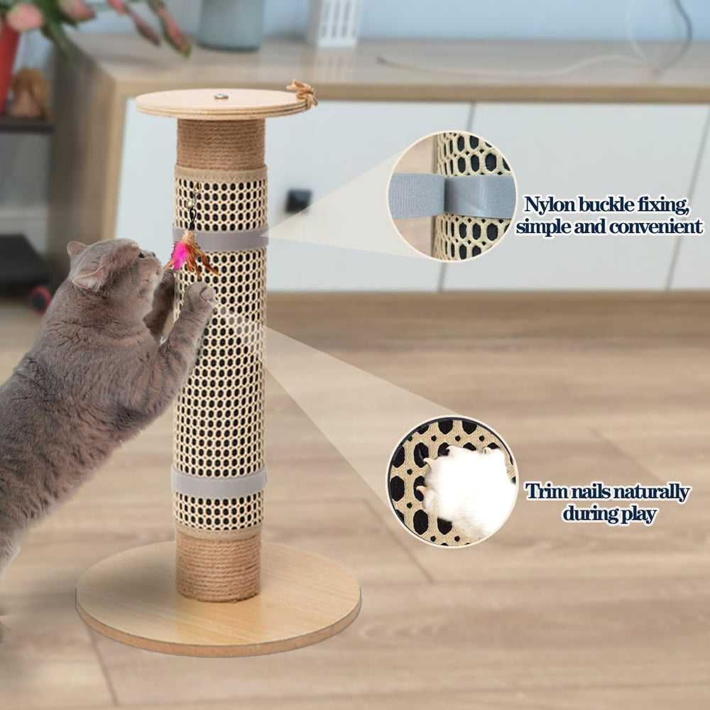 LAJEF scratcher attached to a post includes a clip-on toy for engagement.