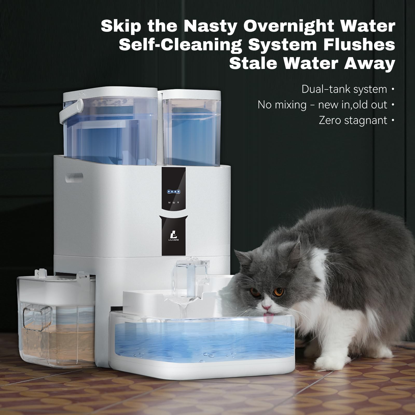LALAHOME 5-stage filtration system close-up showing mesh, carbon, zeolite, maifan stone.
