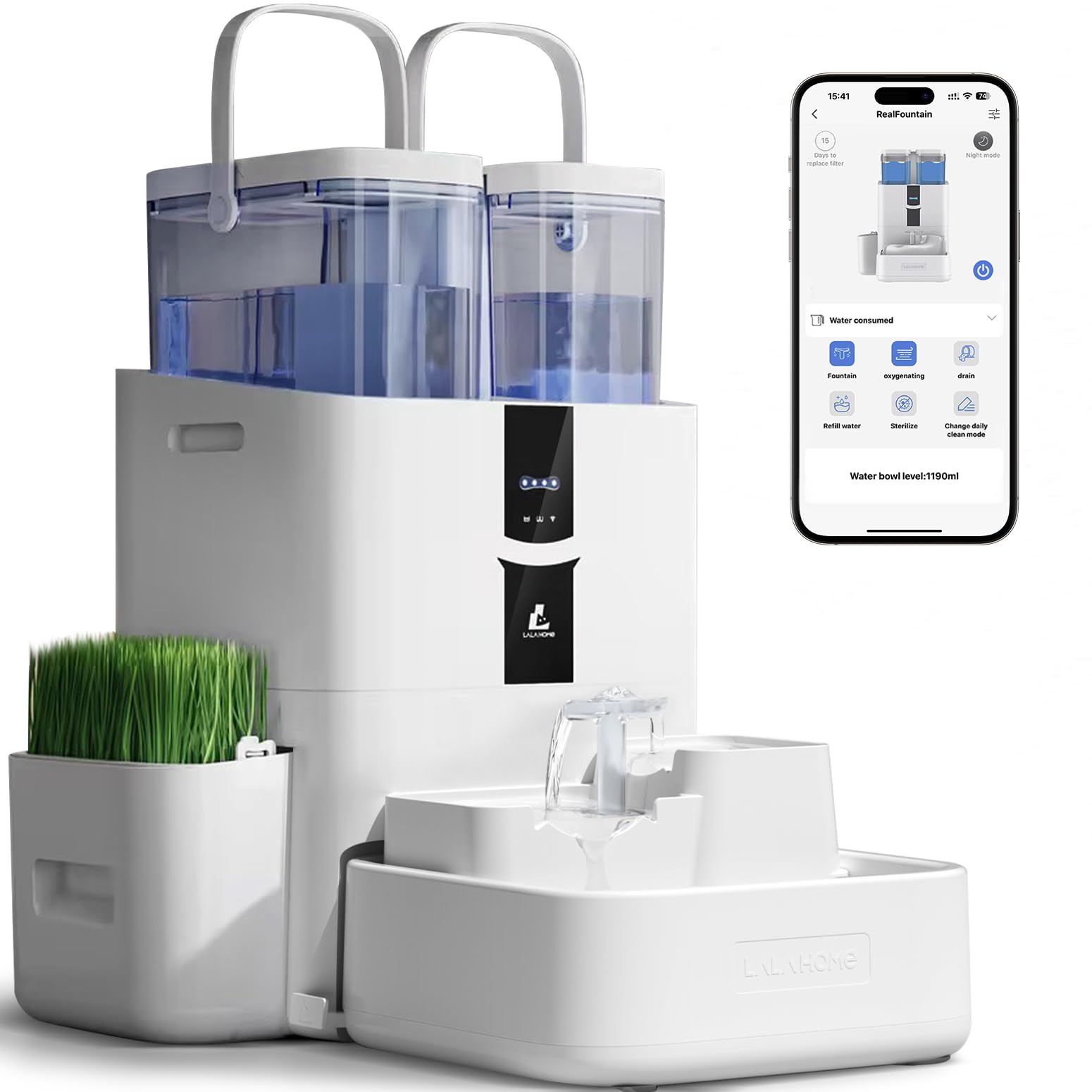 LALAHOME automatic cat water fountain front view showing 10L capacity for multiple pets.