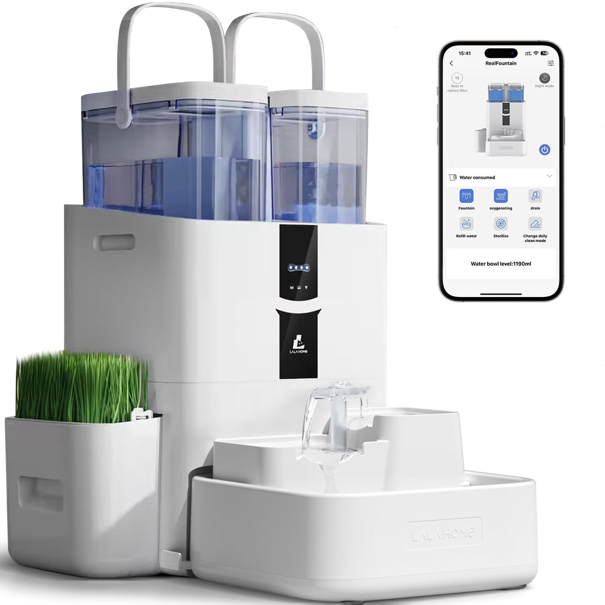 LALAHOME automatic cat water fountain front view showing 10L capacity for multiple pets.