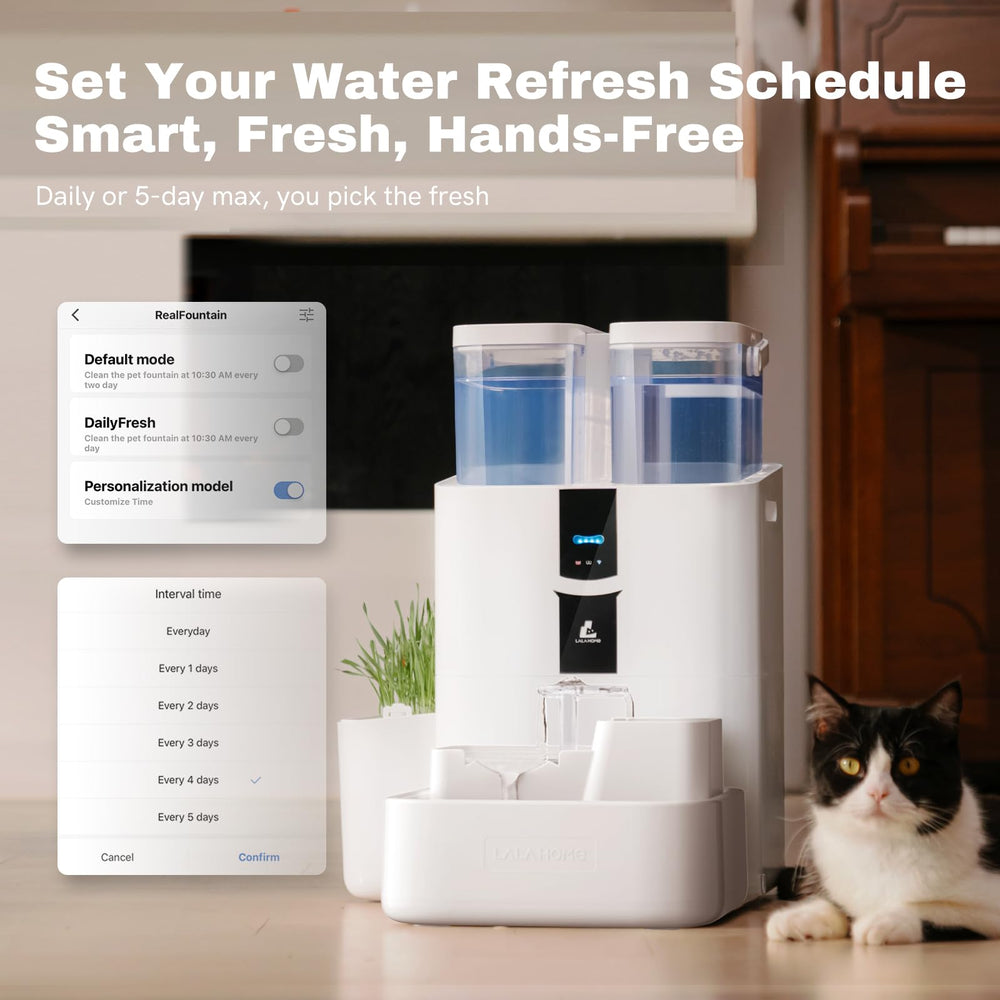 LALAHOME water fountain top view highlighting dual 5L reservoirs for extended hydration.