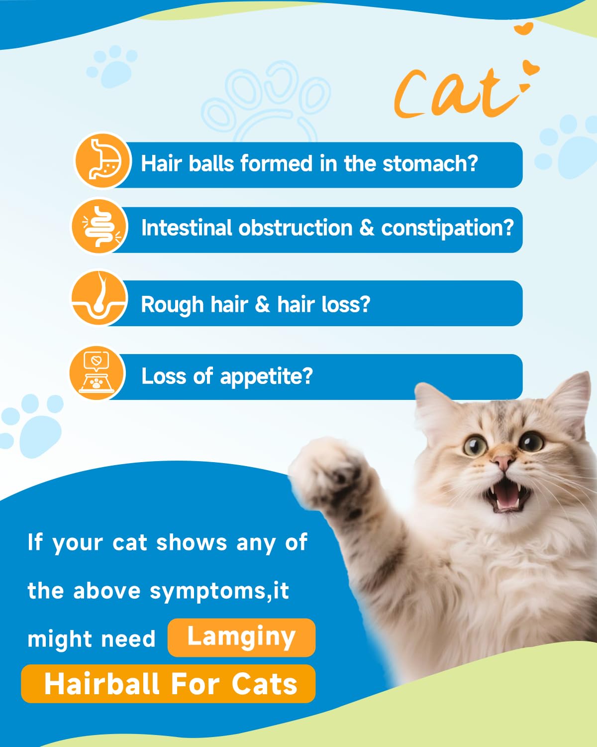 LAMGINY cat drops administration shown with dropper for easy dosing.