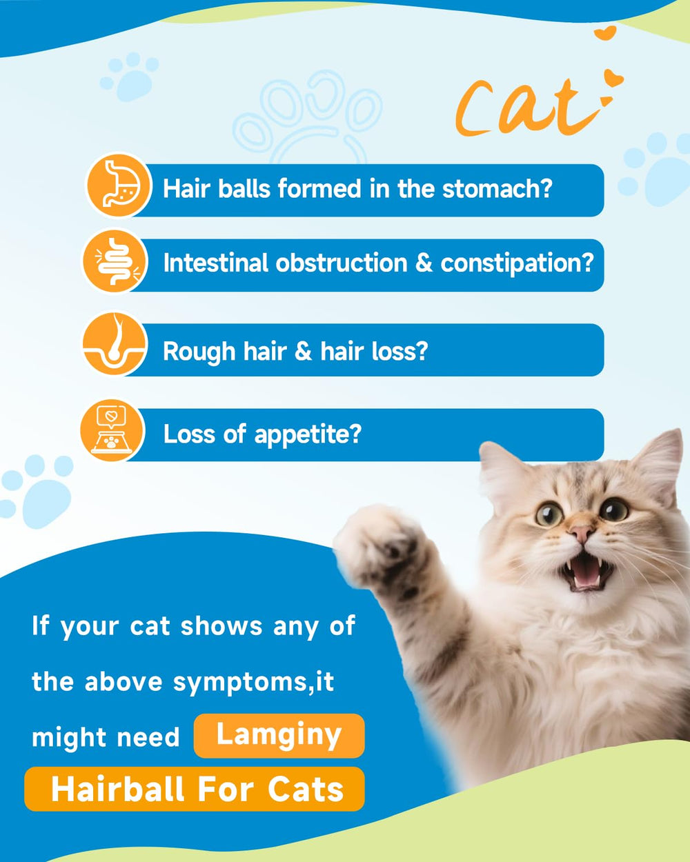 LAMGINY cat drops administration shown with dropper for easy dosing.