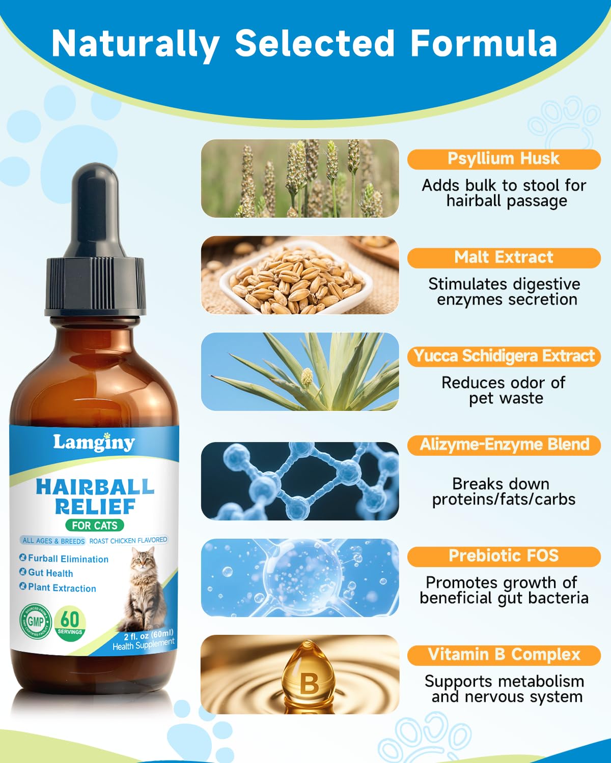 LAMGINY chicken-flavored drops shown for cat palatability and easy use.