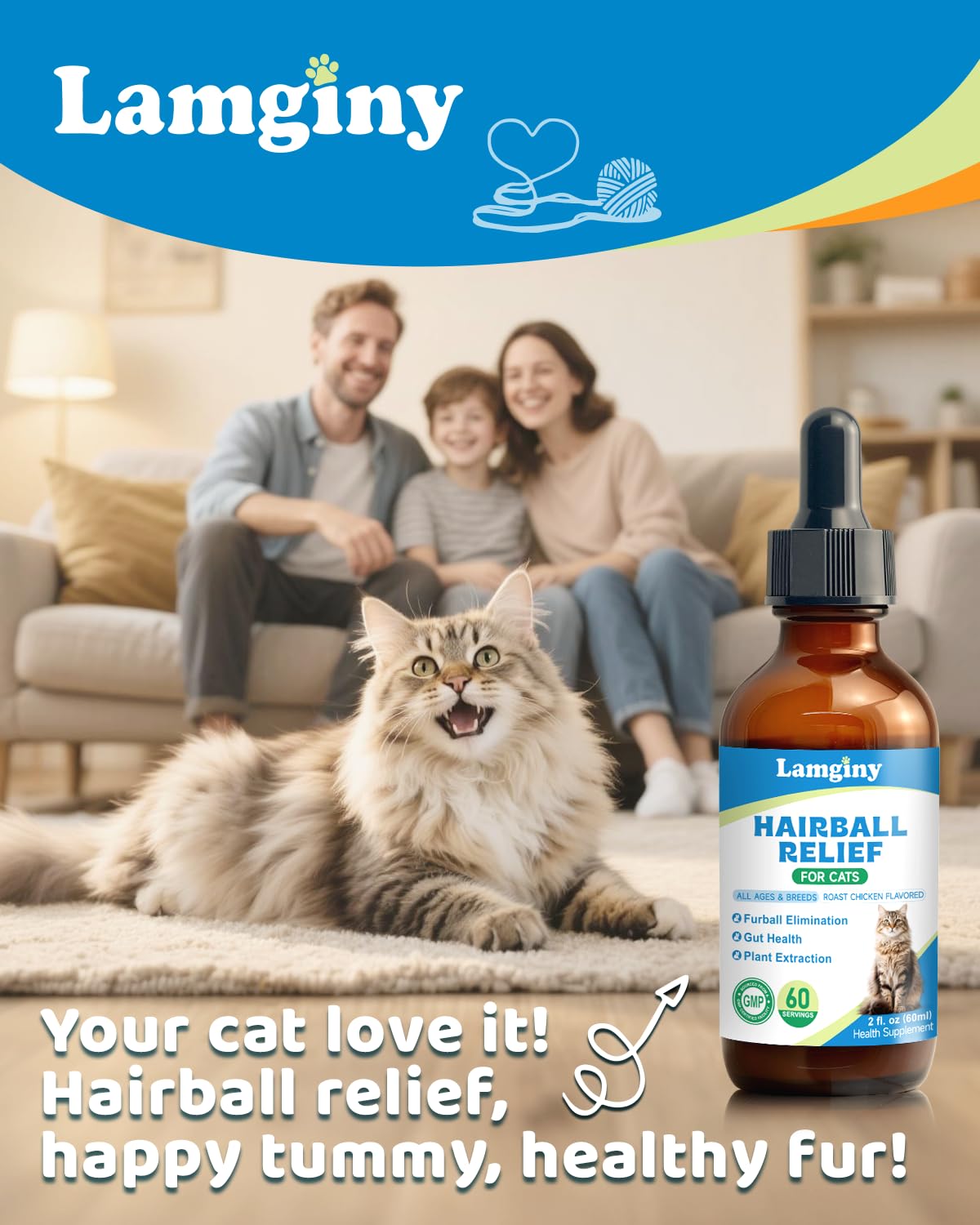 LAMGINY pumpkin fiber with omega-3 highlighting hairball control and digestion.