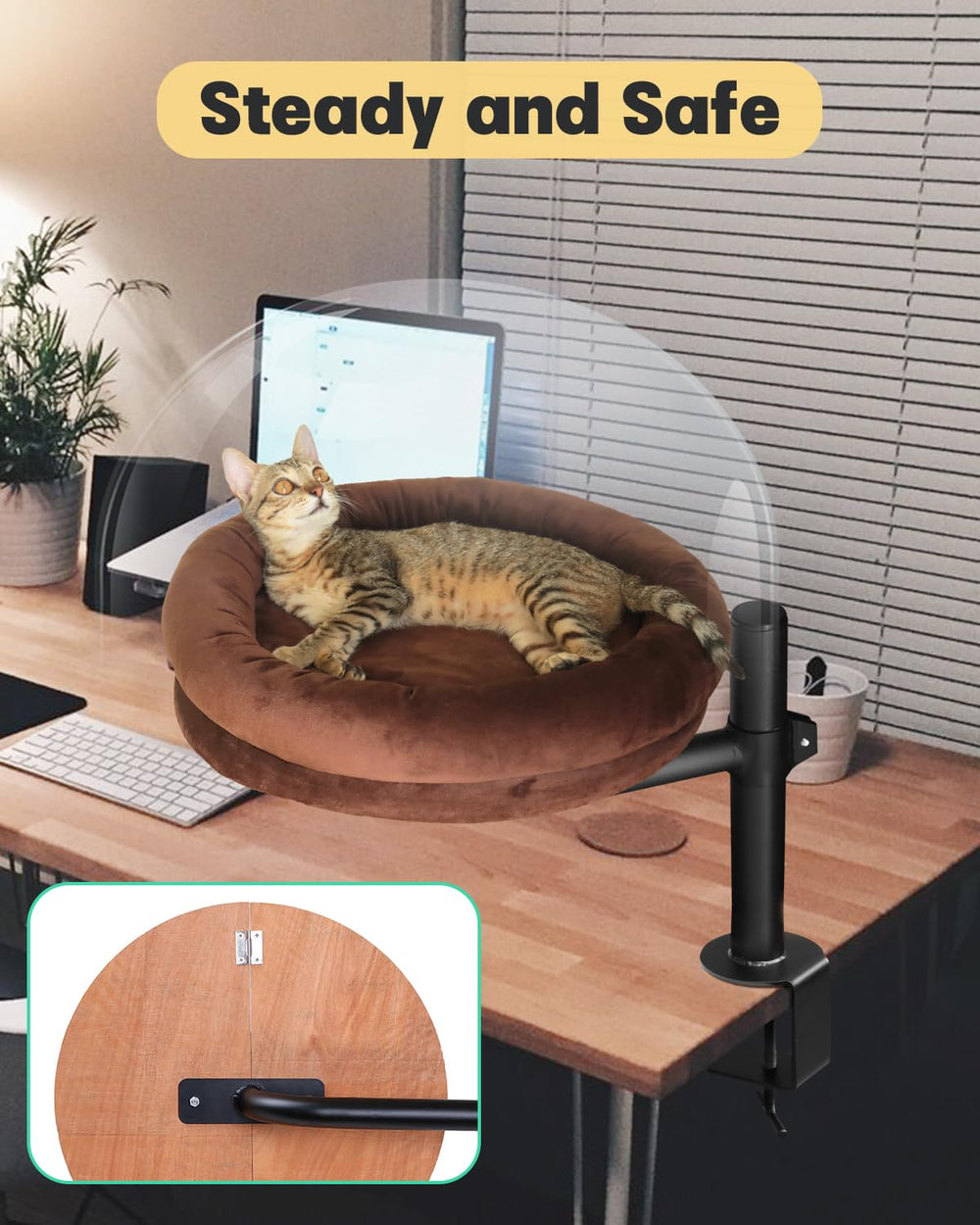 Lamlingo Cat Bed height adjustable mount saves desk space while keeping cat close.