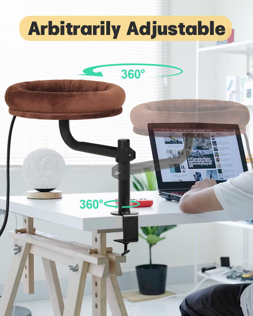 Lamlingo cat bed rotates 360 degrees for flexible positioning near your workspace.