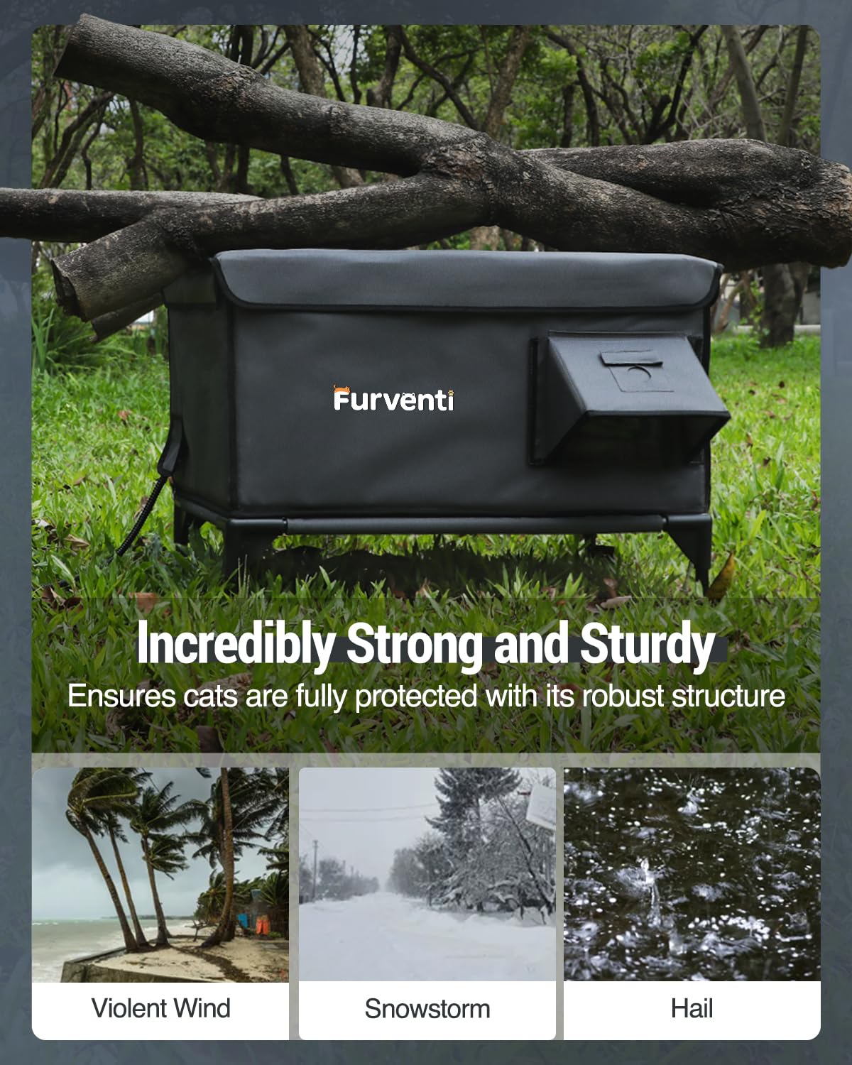 Lamlingo weatherproof insulated cat house protecting cats from harsh outdoor conditions.