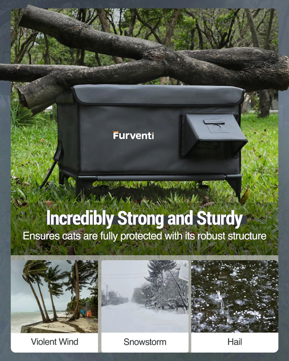 Lamlingo weatherproof insulated cat house protecting cats from harsh outdoor conditions.