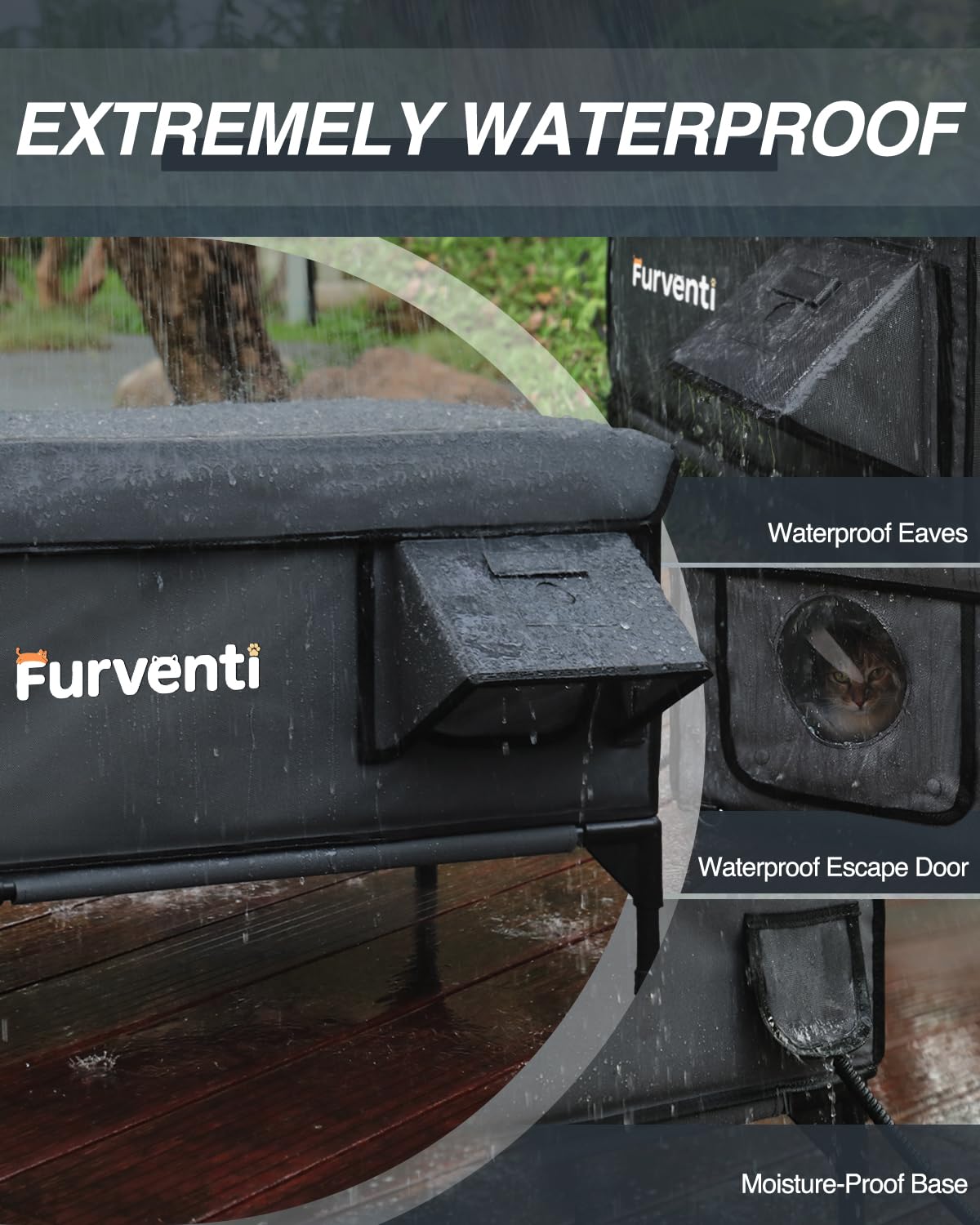 Lamlingo weatherproof insulated cat shelter showcases five-layer protection against harsh elements.