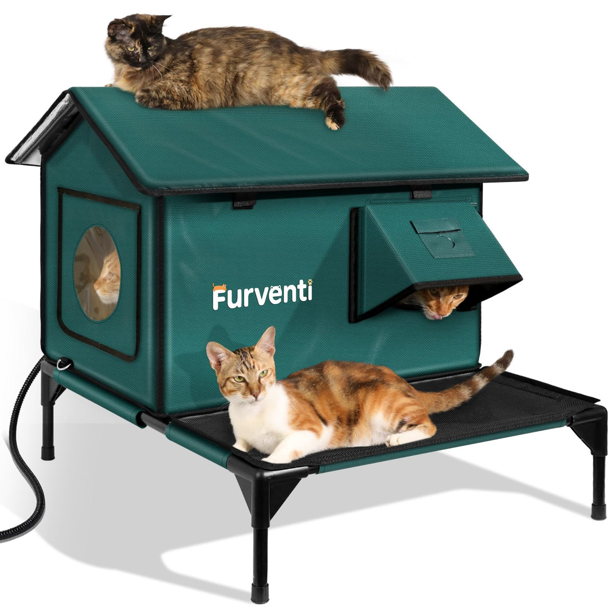 Lamlingo heated cat house front view in dark green with elevated base for dryness