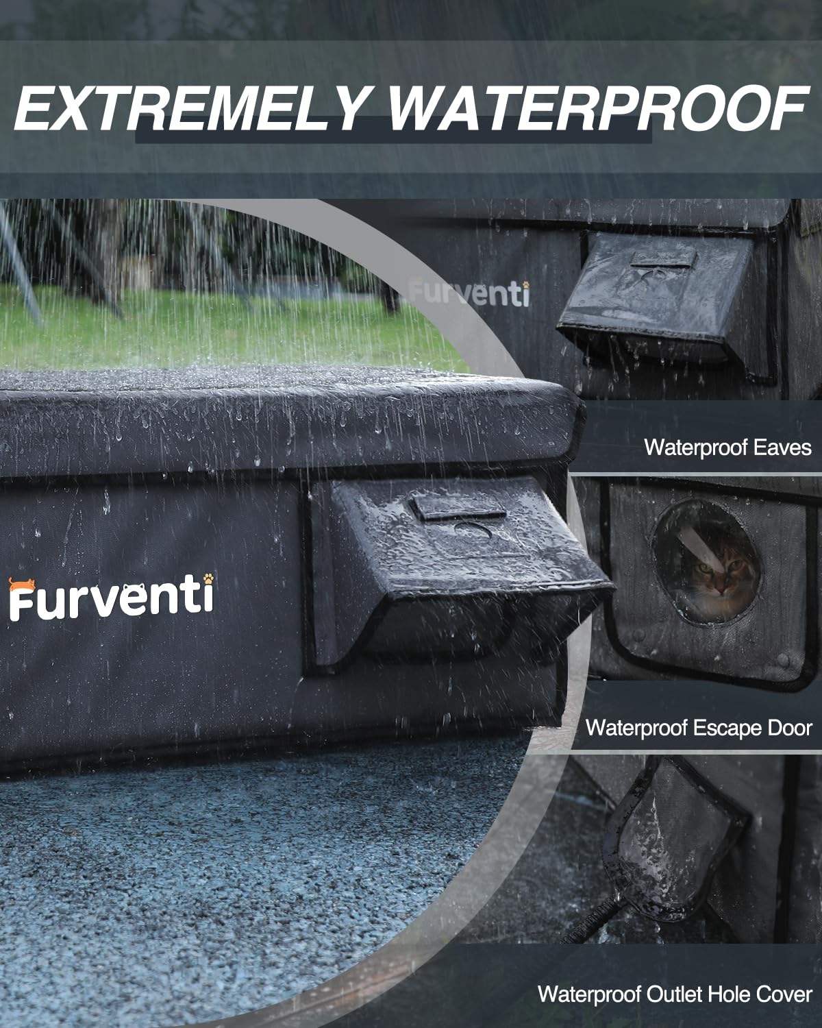 Lamlingo Outdoor Cat House eaves highlight waterproofing for rainy days.