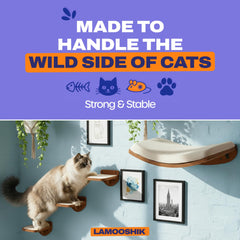 LAMOOSHIK curved-bed walnut elevates cats for comfy resting.