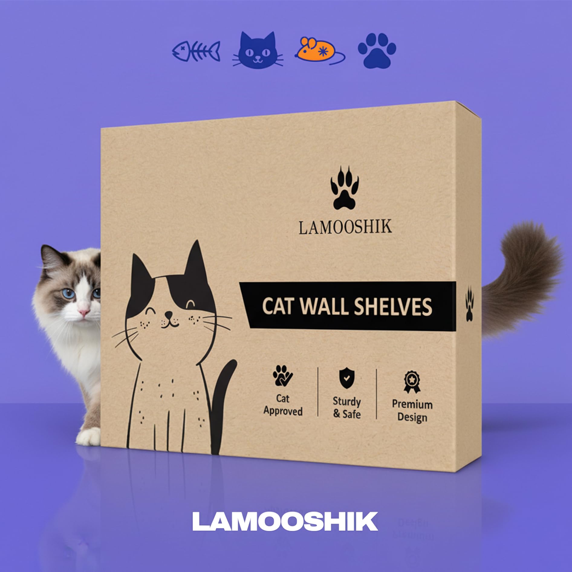 LAMOOSHIK indoor-decor setup shows a stylish elevated cat retreat.