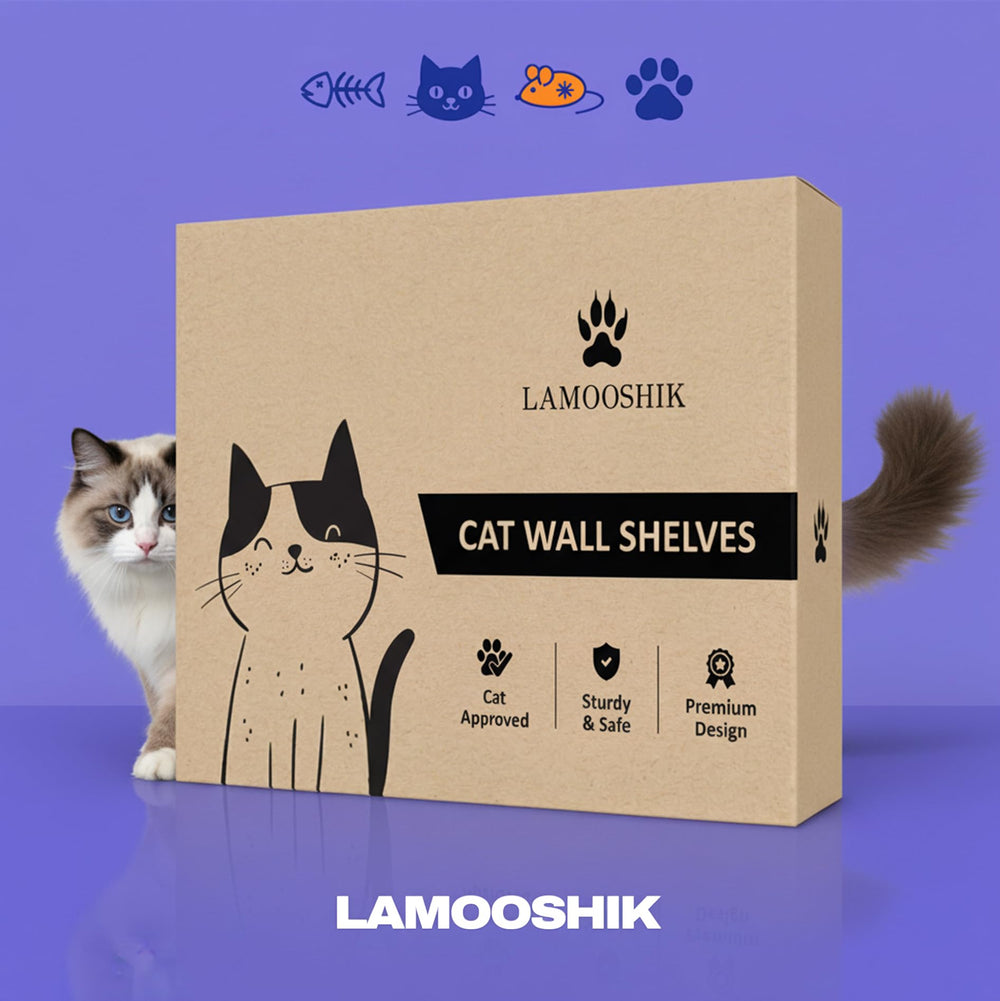 LAMOOSHIK indoor-decor setup shows a stylish elevated cat retreat.