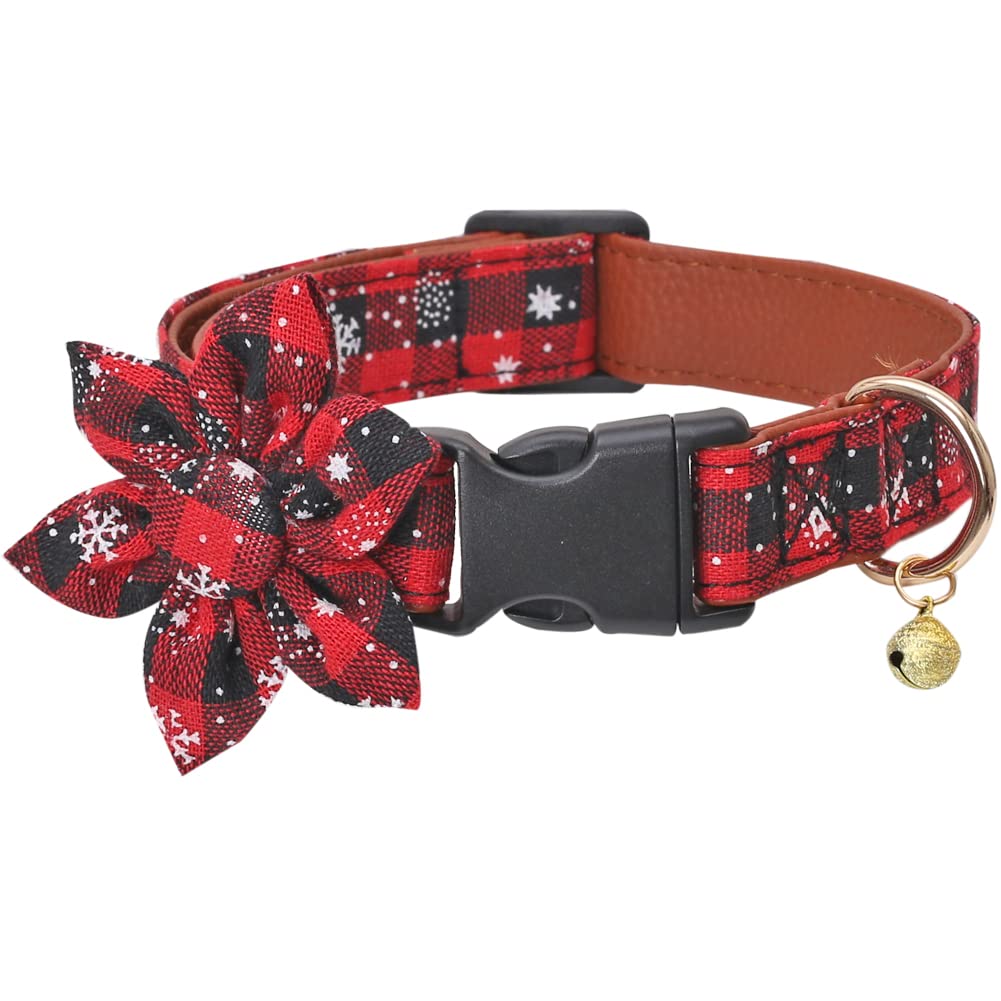 Lamphyface Christmas collar snowflake plaid close-up shows durable PU leather for festive walks.