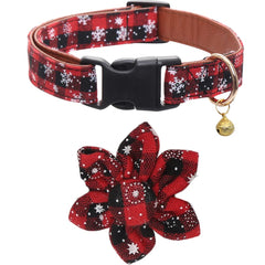 Lamphyface dog collar snowflake plaid flower and bell close-up demonstrates movable bowtie charm for photos.