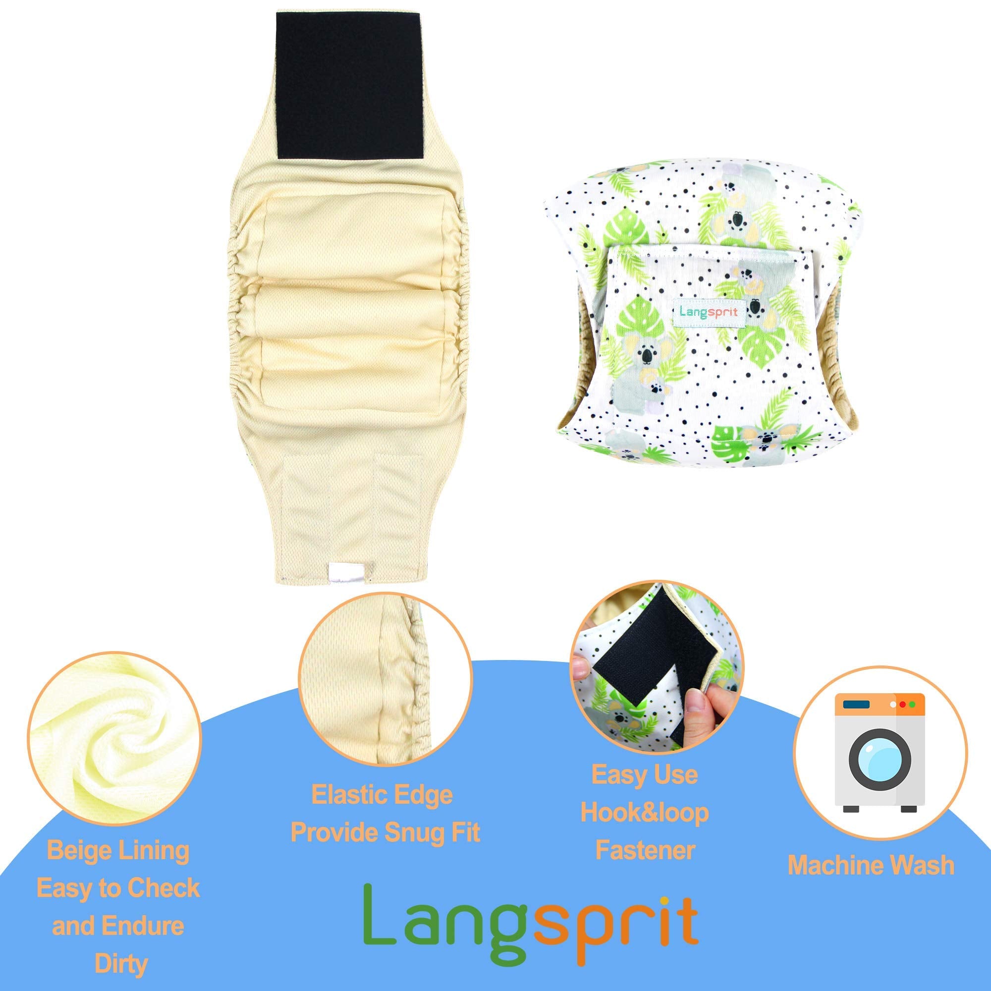 Langsprit machine-washable dog diaper highlights simple cleaning between uses.