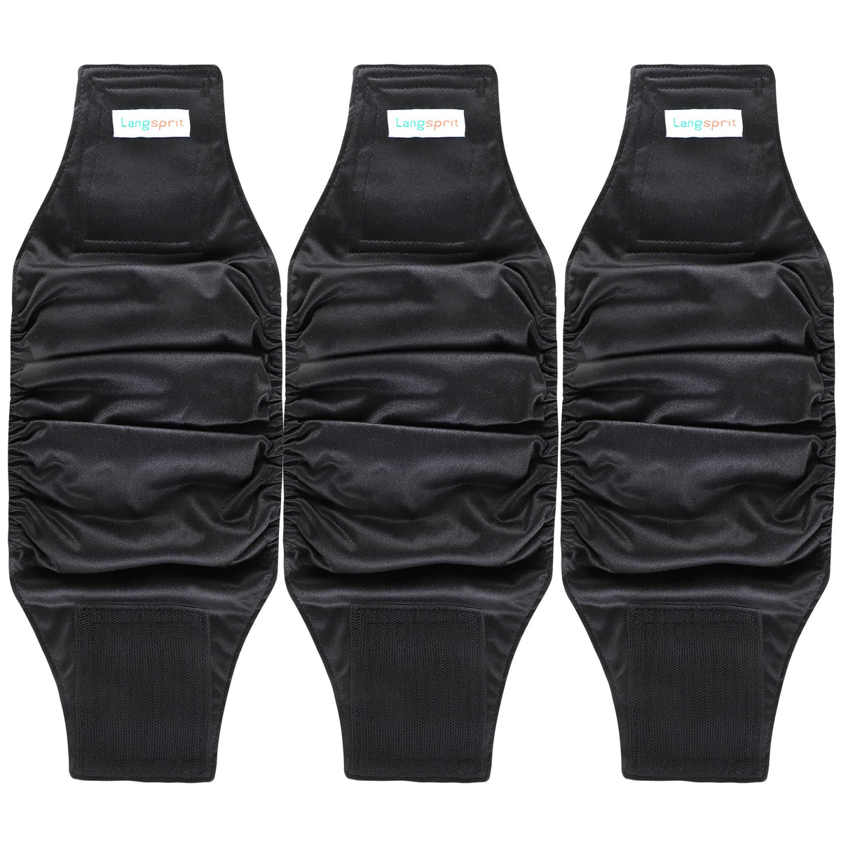 Langsprit male belly band black pack3 closeup highlighting absorbent core and leak protection