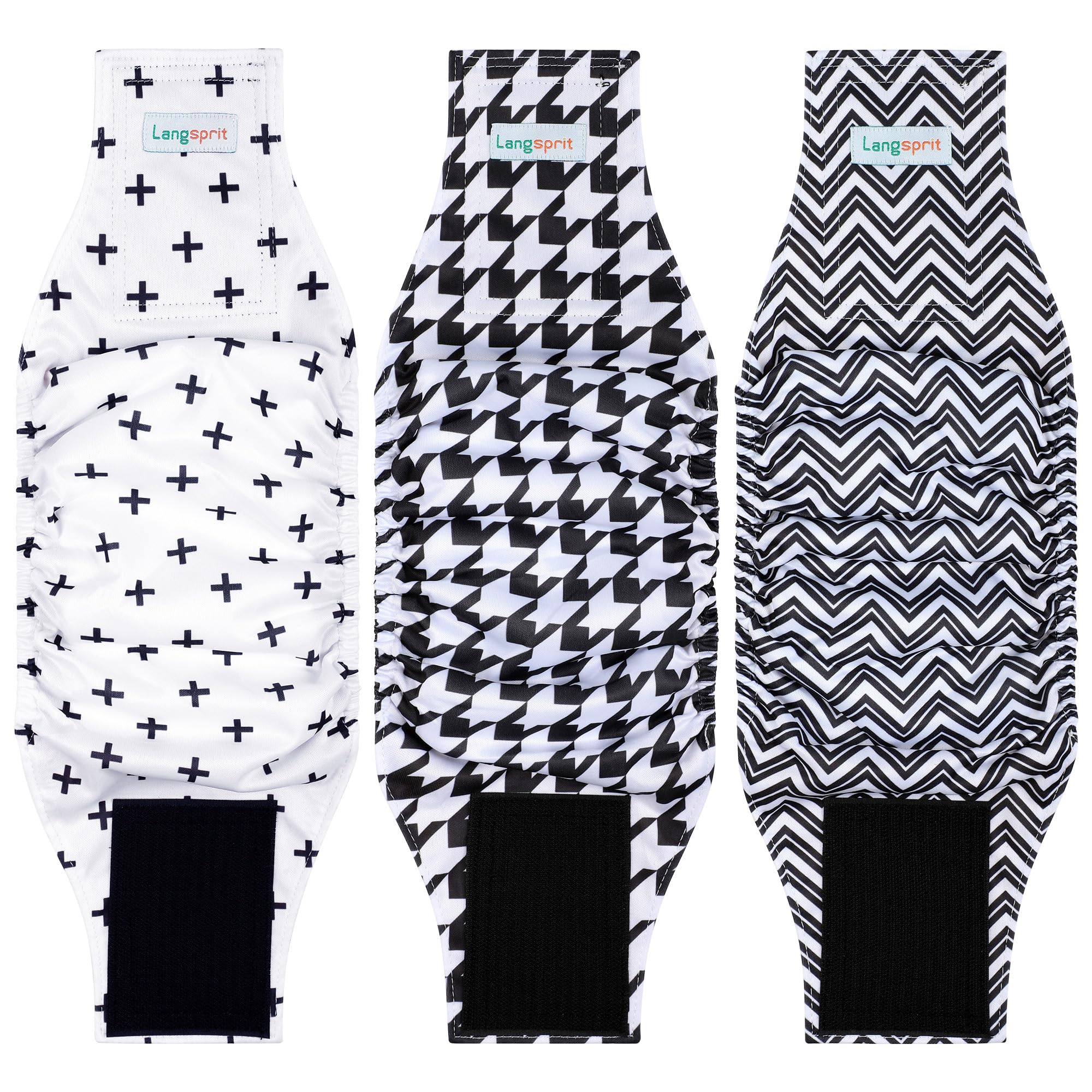Langsprit male belly band size chart showing a snug, comfortable fit for training