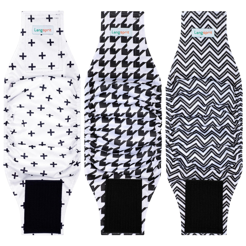 Langsprit male belly band size chart showing a snug, comfortable fit for training