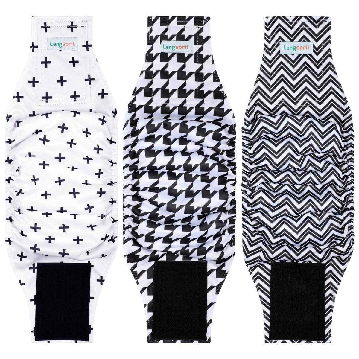 Langsprit male belly band size chart showing a snug, comfortable fit for training