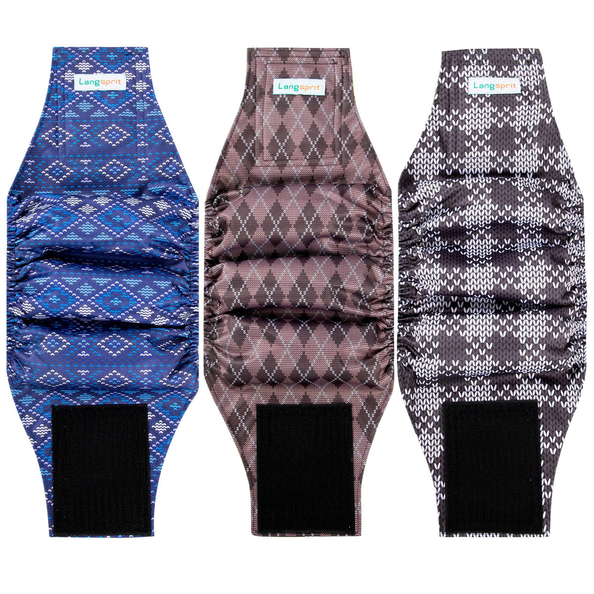 Langsprit male belly bands pack 3 flatlay showing plaid design and adjustable closure