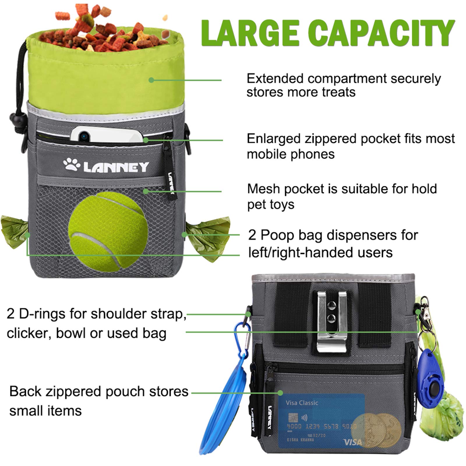 LANNEY dog treat pouch inner compartment pullout simplifies quick crumb cleanup.