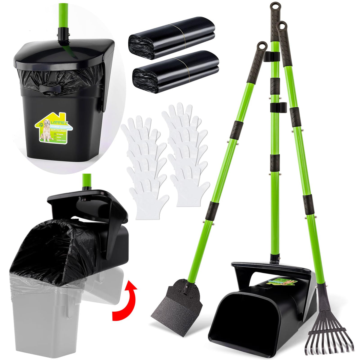 LANNEY Pooper Scooper with 38-inch handle for easy reach and reduced bending