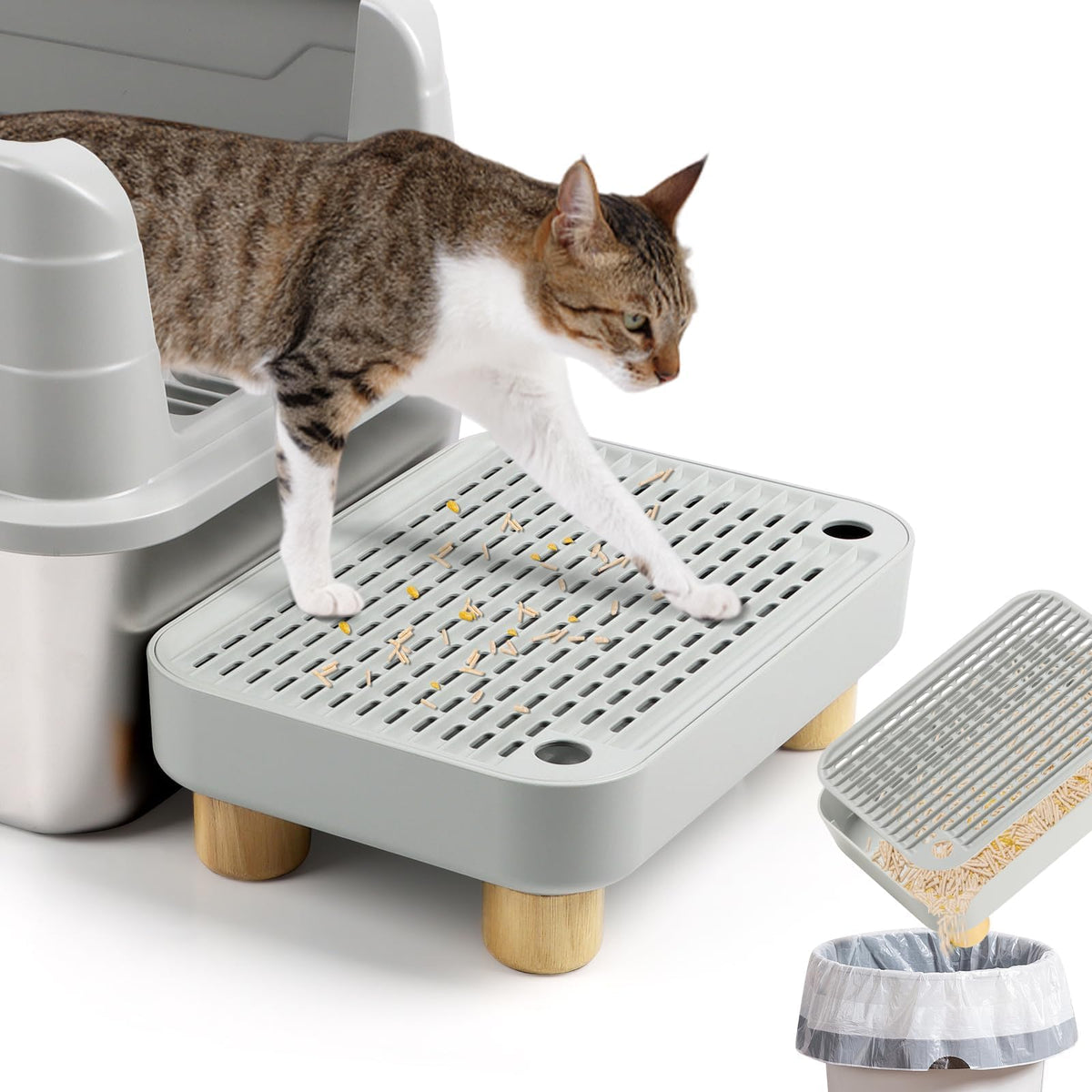 Lanstics litter box step side view gray shows sturdy design for easy kitten entry.