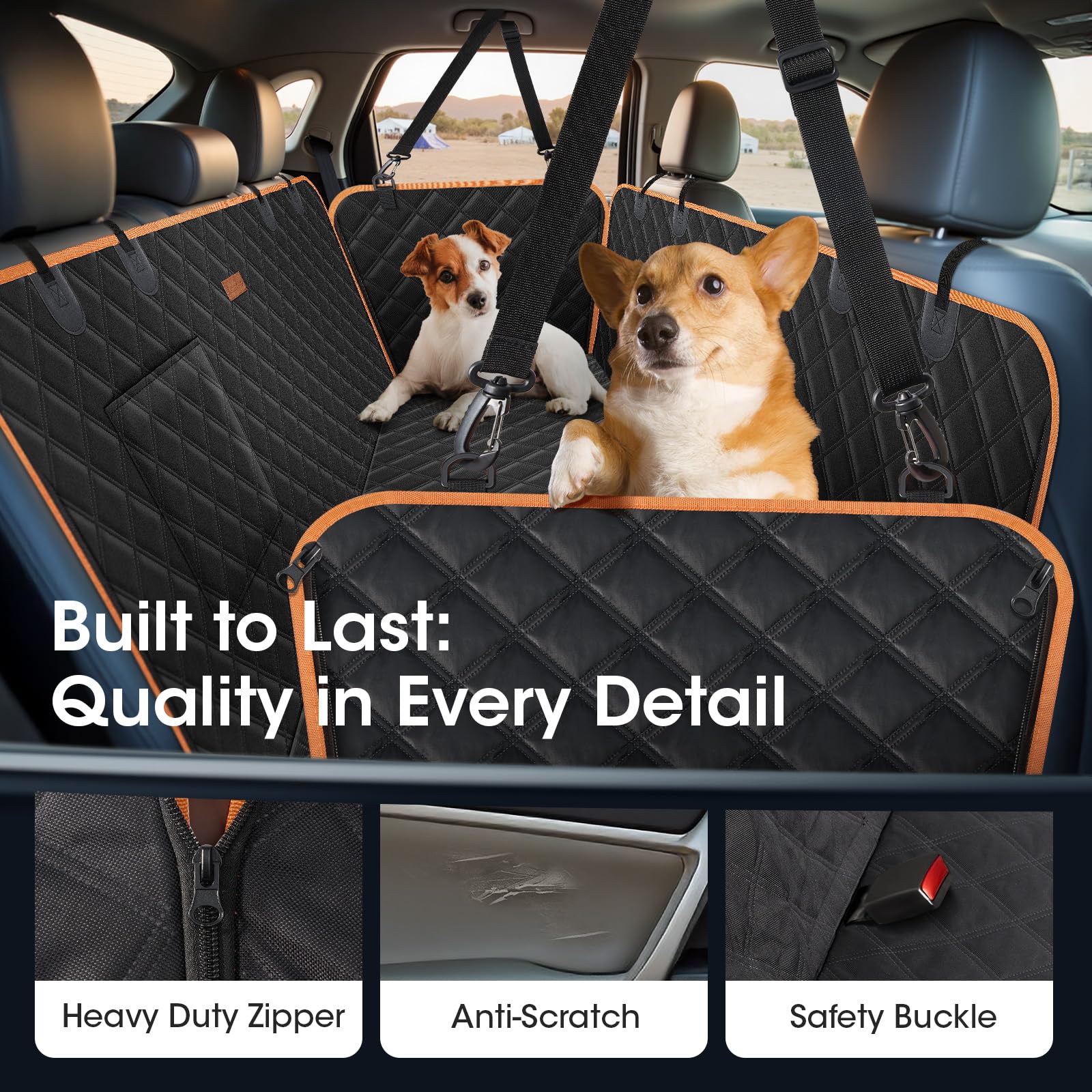 Lantoo seat cover side flaps protects doors from hair and scratches.