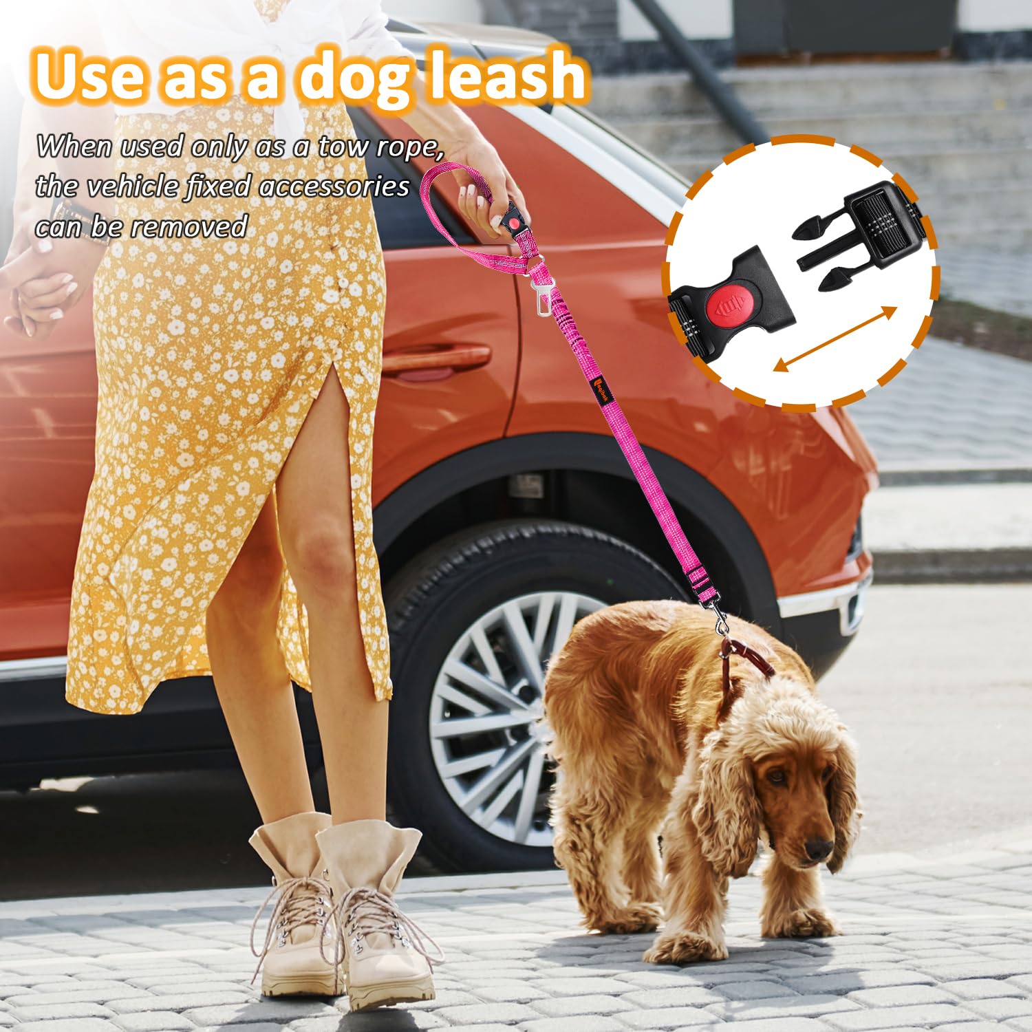Laqibak 360-degree swivel clip in rose prevents tangles while your dog moves.