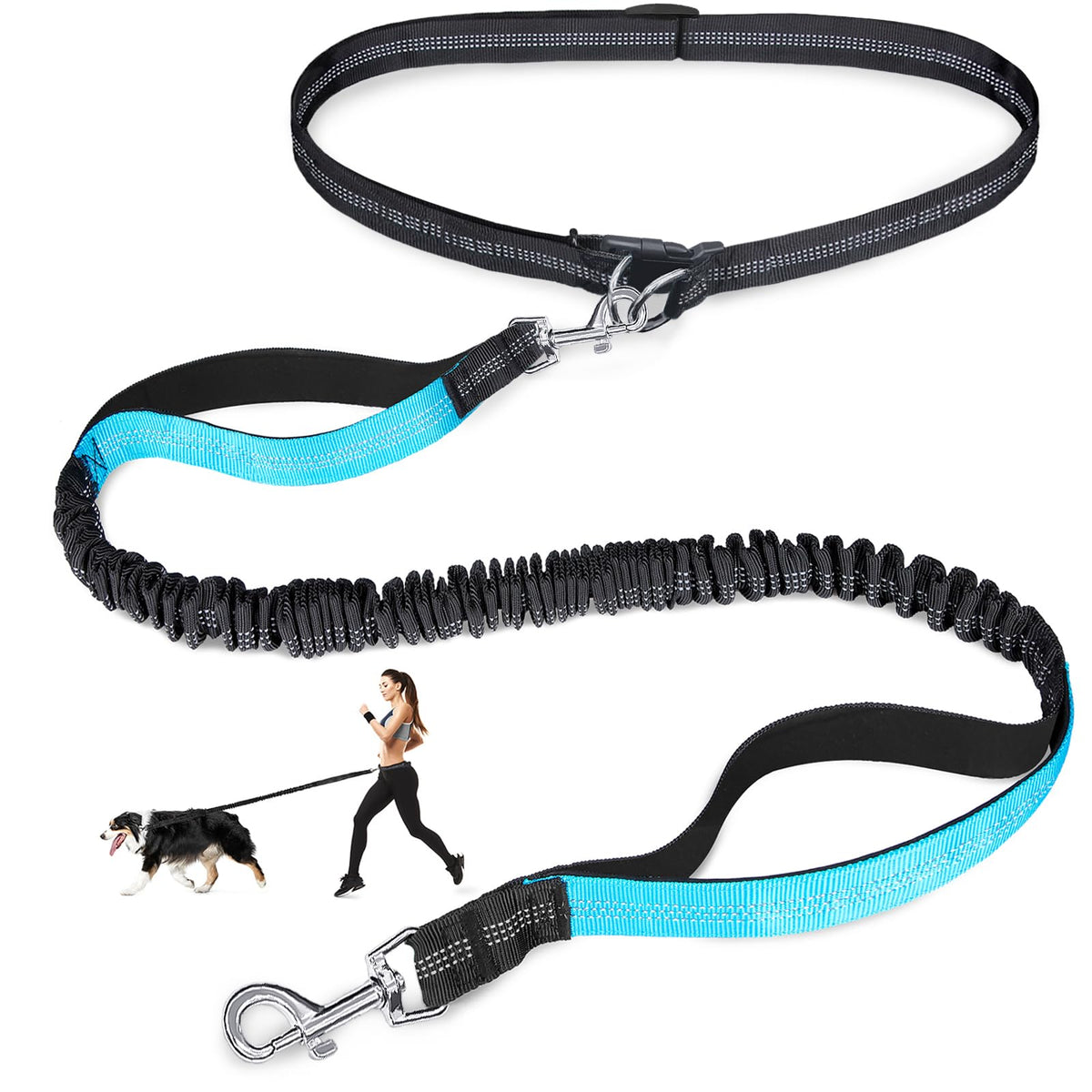 Laqibak hands-free leash on waist strap enables easy walking.