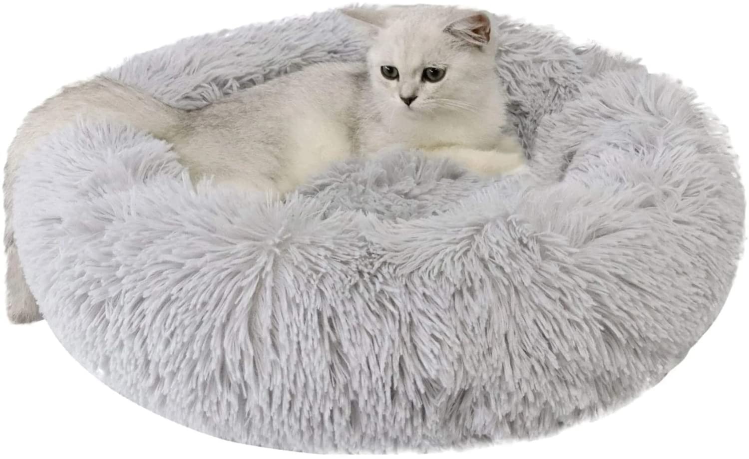 Large Cat Bed round shape with plush faux-fur surface for cozy naps.