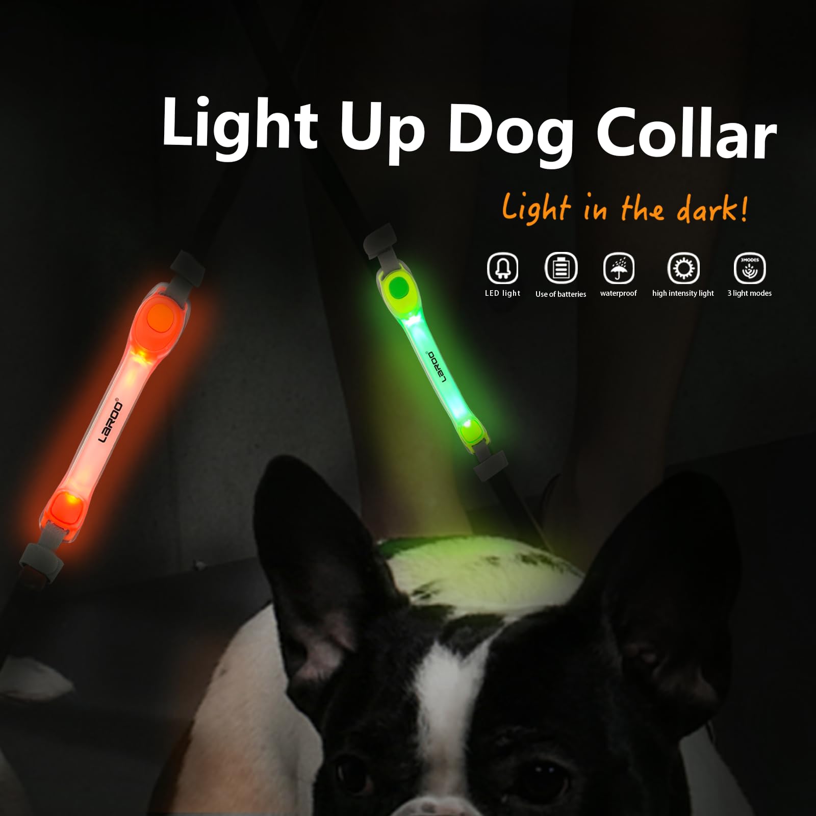 LaRoo light-up collar in flashing mode draws attention during night walks.