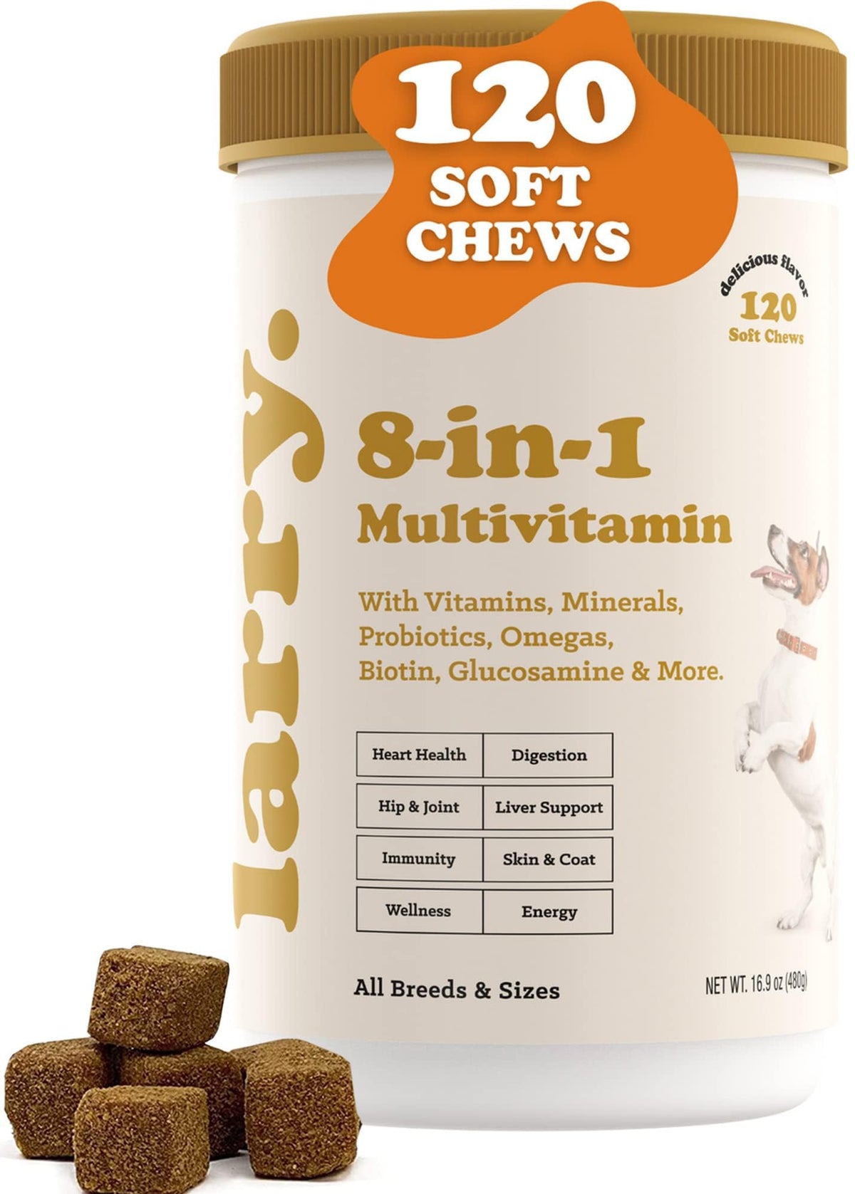 Larry 8-in-1 multivitamin soft chews bottle supports overall wellness through balanced canine nutrition.