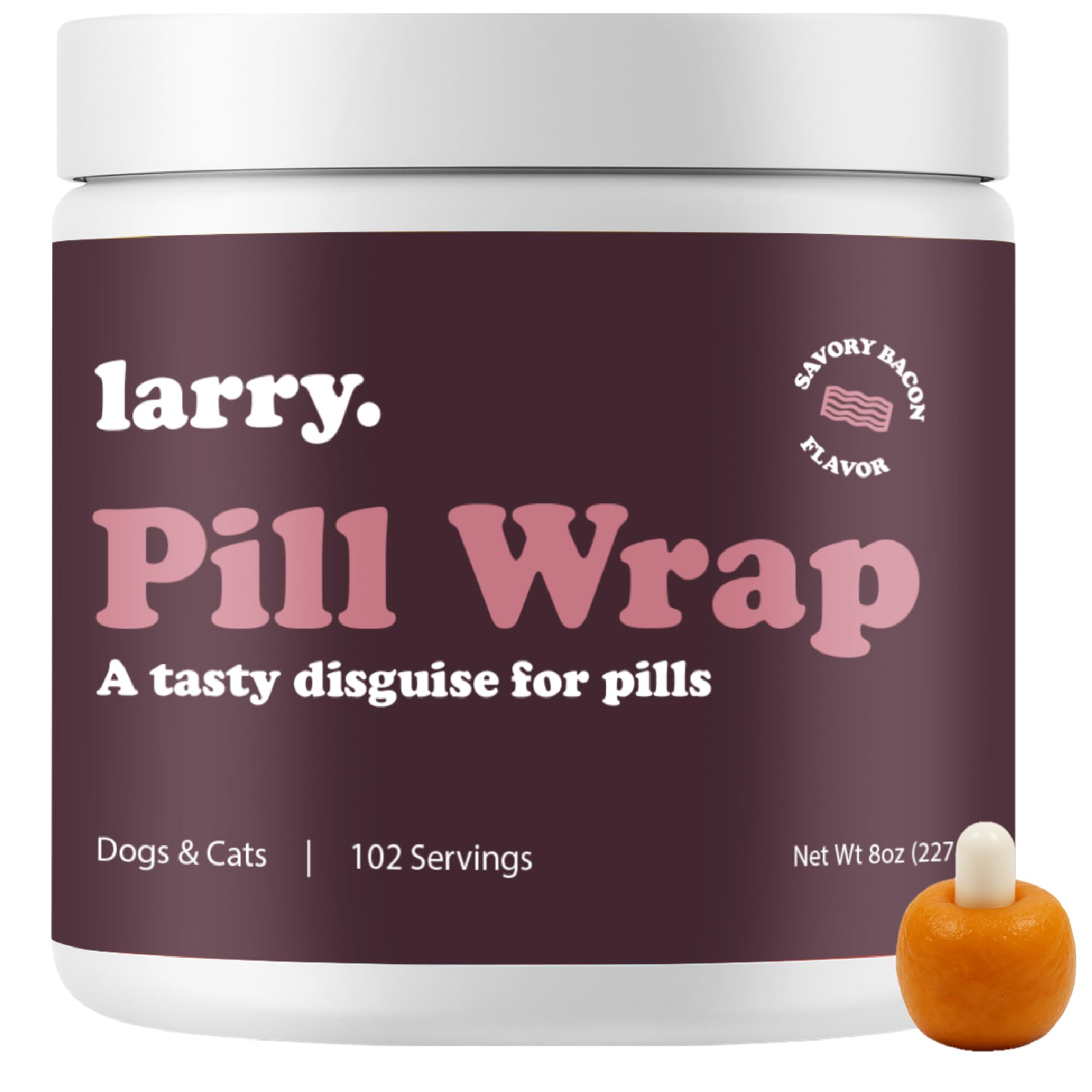 Larry Bacon Pill Wrap Paste in jar demonstrates moldable texture for quick pill concealment.