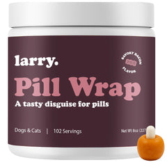 Larry Bacon Pill Wrap Paste in jar demonstrates moldable texture for quick pill concealment.