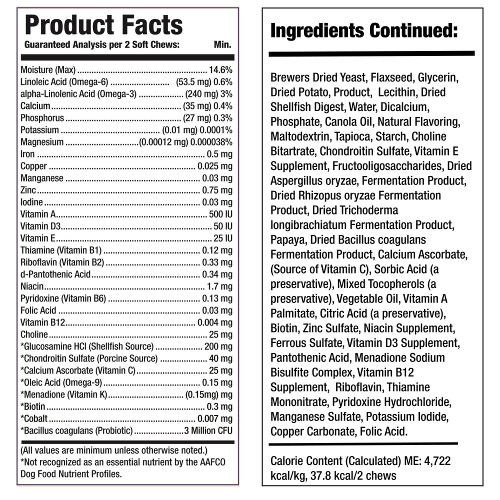 Larry joint-support dog vitamin soft chews highlight mobility support through glucosamine and MSM.