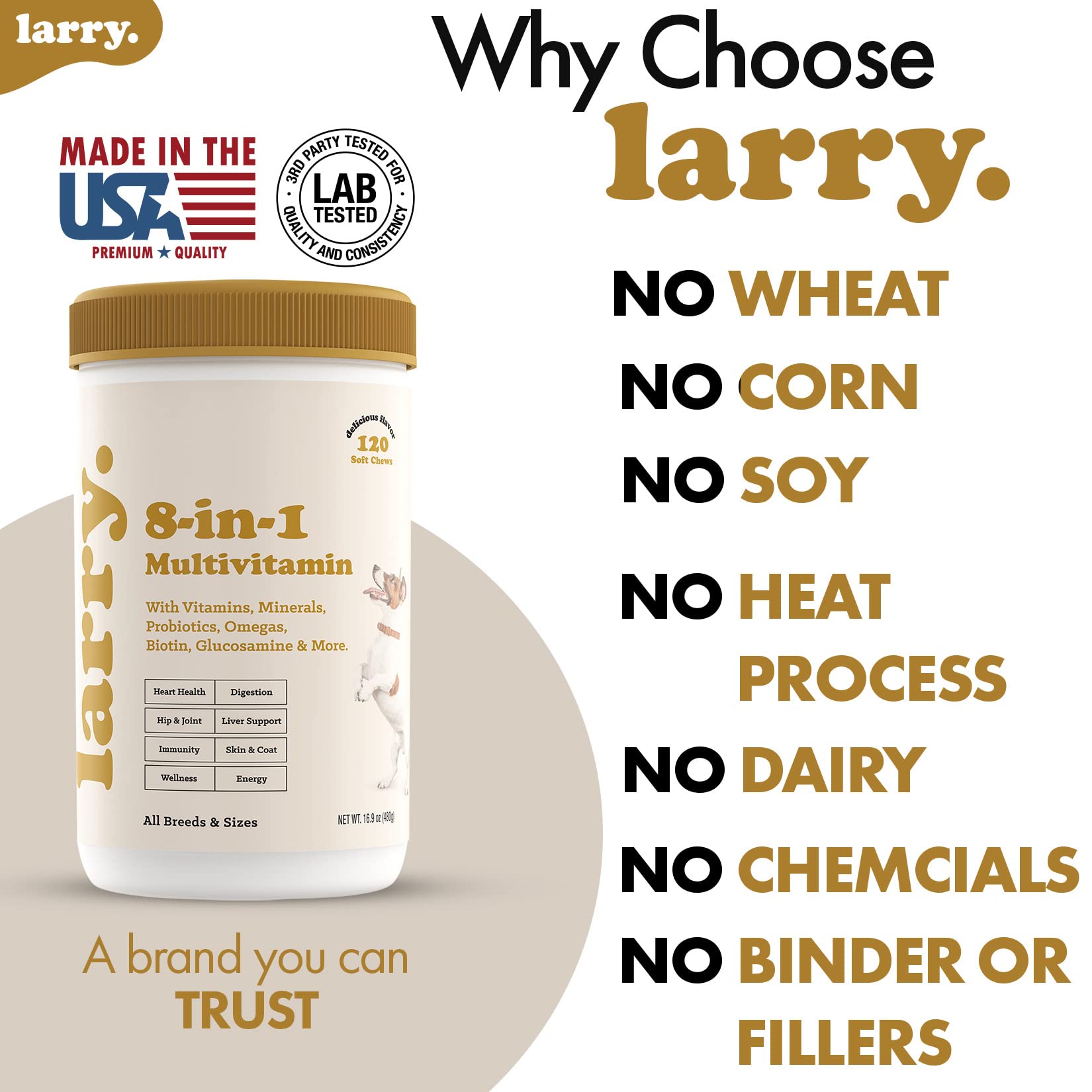 Larry made-in-usa dog vitamin bottle emphasizes quality and third-party tested assurance.