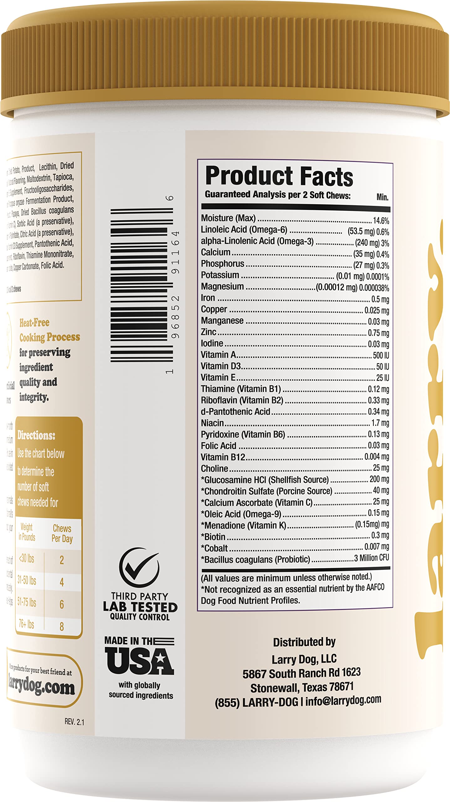 Larry salmon-flavor dog vitamin soft chews evoke tasty daily nutrition and palatability.