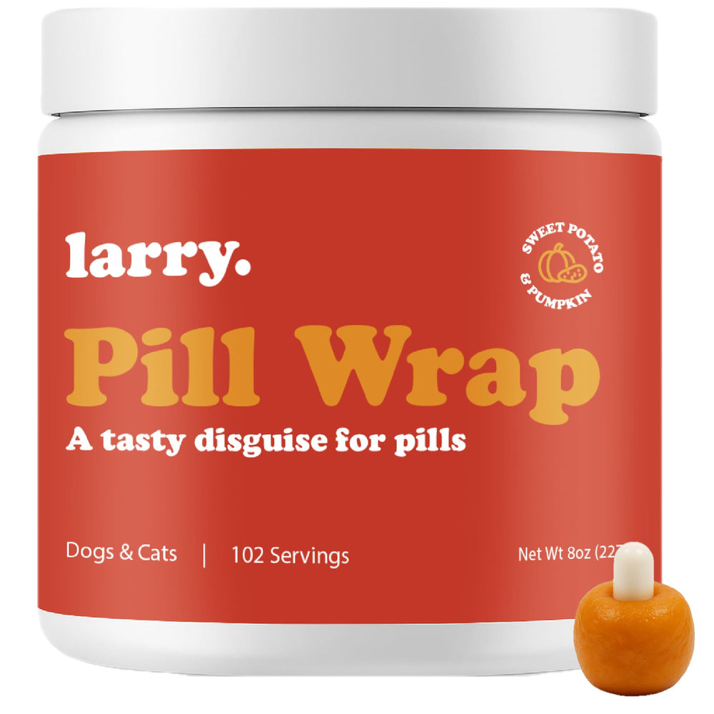 Larry Sweet Potato Pill Wrap paste tub shows moldable texture for easy medication disguise.